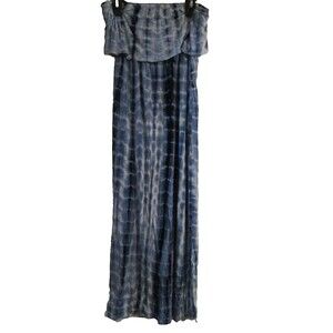 Brit & Bri Ruffle Strapless Small Elastic Waist Tye Dye Blue White Sundress Midi